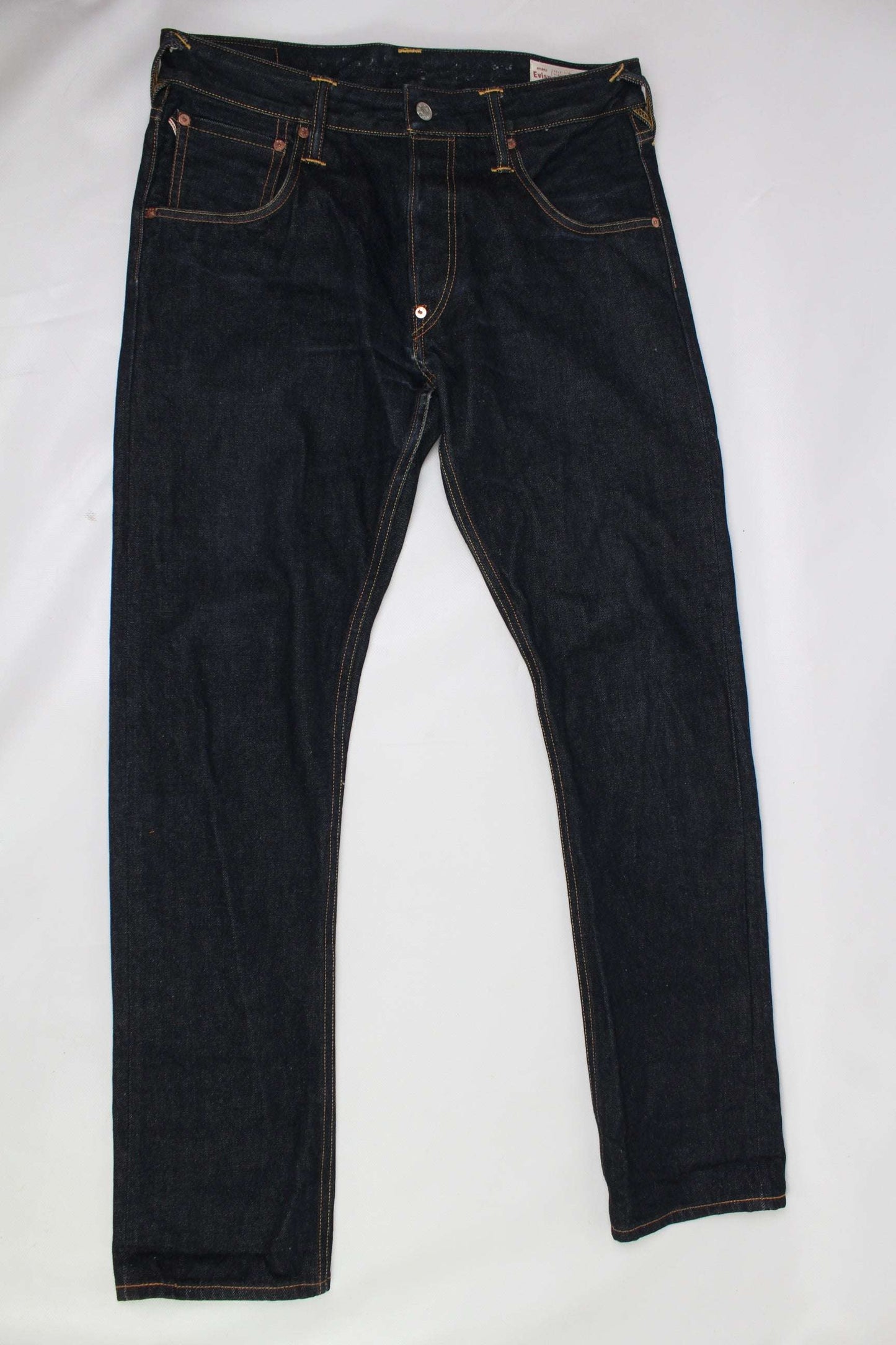 EVISU Blue Daicock Denim Selvedge jeans, size 32 baggy fit, dark blue, 100% cotton, selvedge, made in Japan.