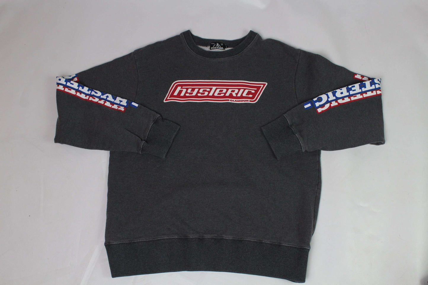 HYSTERIC GLAMOUR grey sweater with logo on chest and sleeves, size M, cotton material.