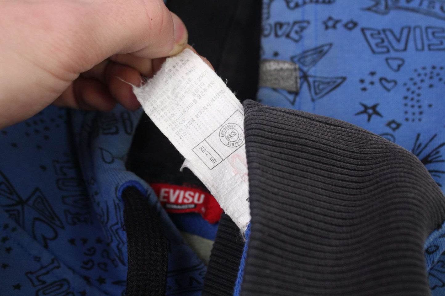EVISU Hoodie Blue, medium size, 100% cotton, blue color with design details.