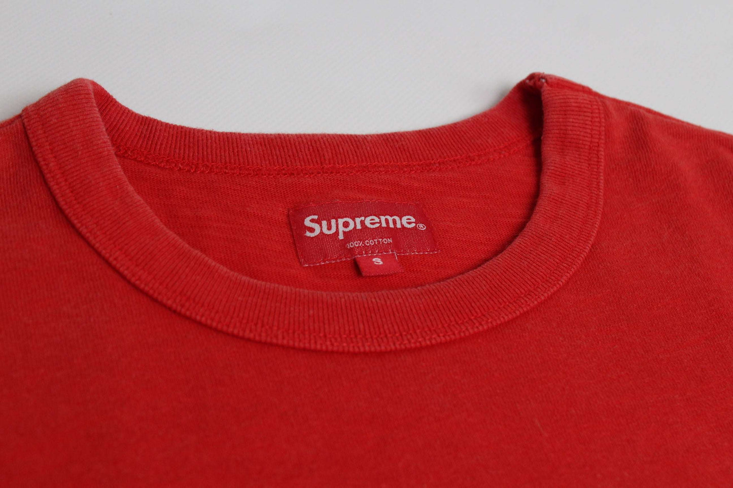 SUPREME T-Shirt Red Stack Logo, size S, 100% cotton, pre-owned condition.