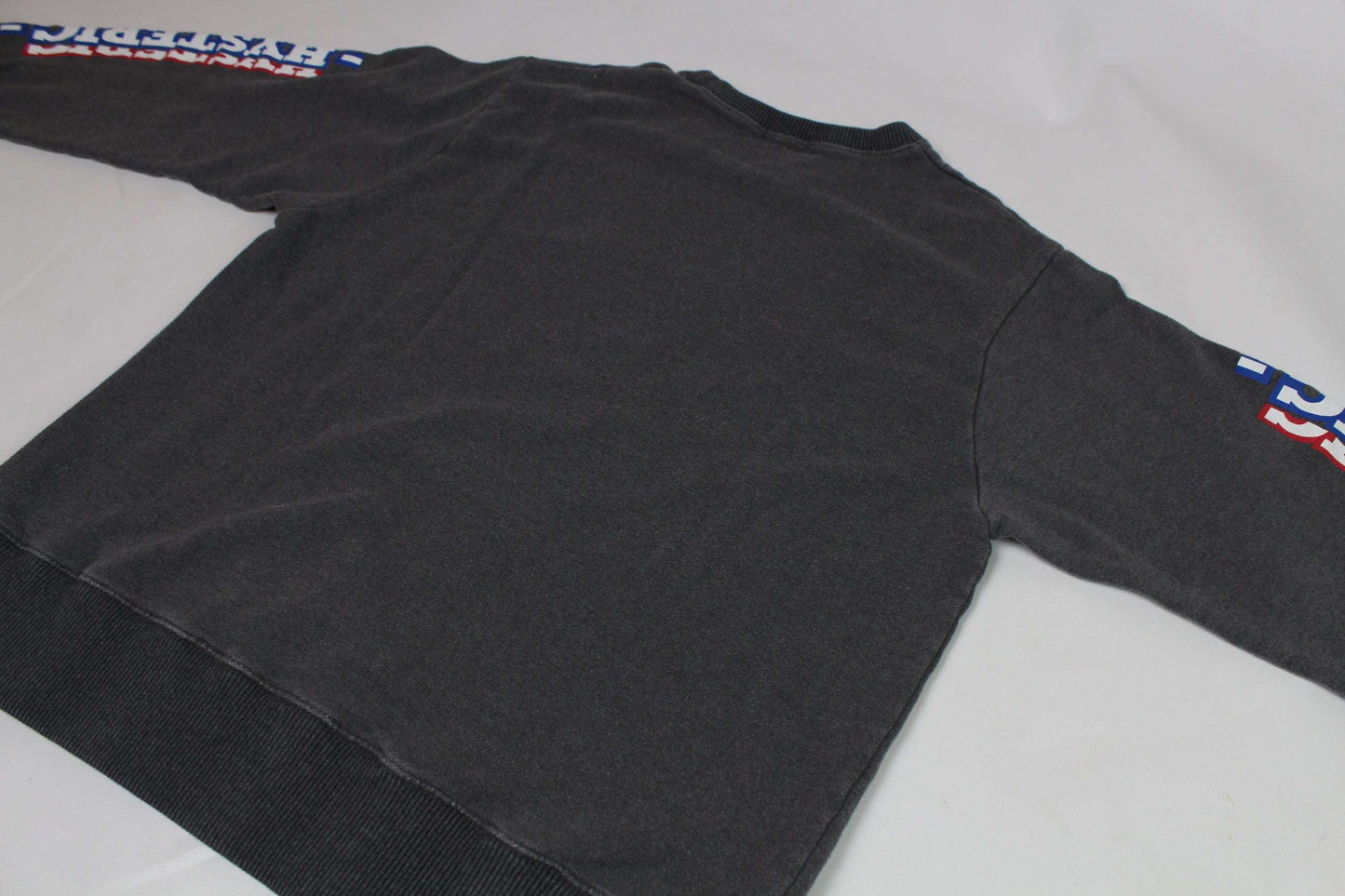 HYSTERIC GLAMOUR grey sweater, medium size, 100% cotton, with text on sleeves.