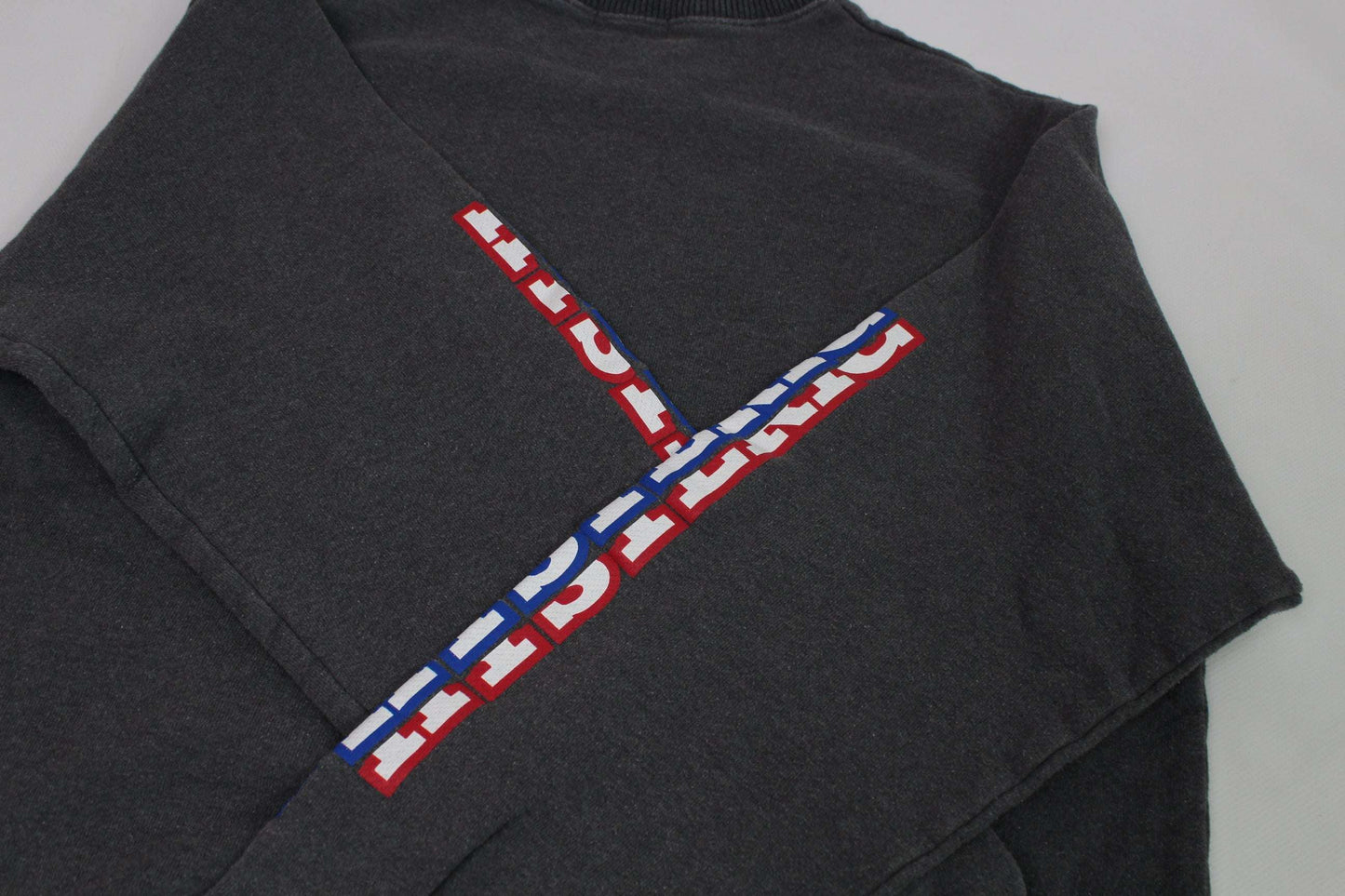 HYSTERIC GLAMOUR grey sweater in medium size with red and blue lettering, 100% cotton.