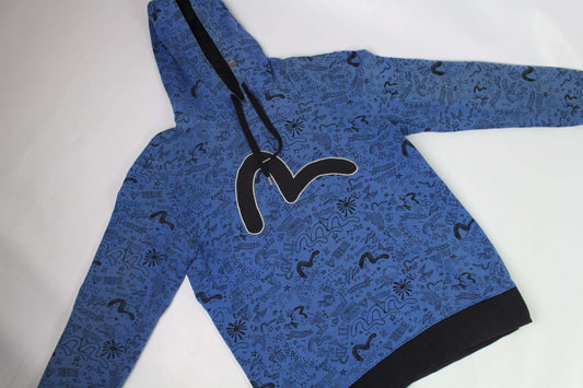 EVISU Hoodie Blue, size M, 100% cotton, blue color, graphic pattern.