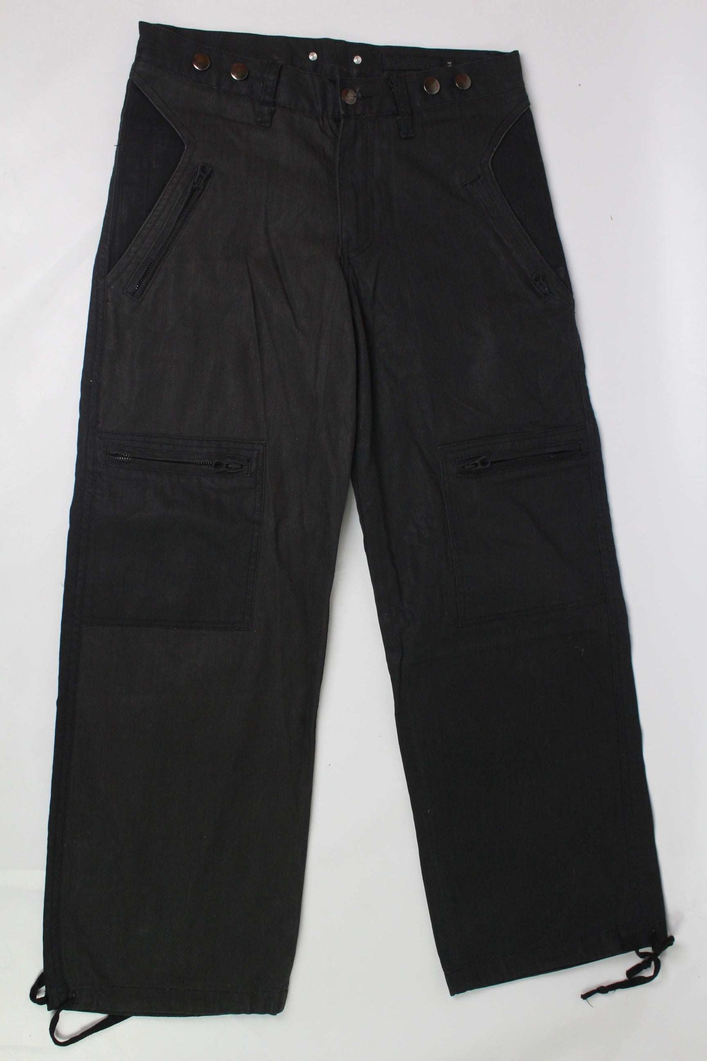 Black FUGA Pants, size 32, baggy fit, cotton material, waxed finish.