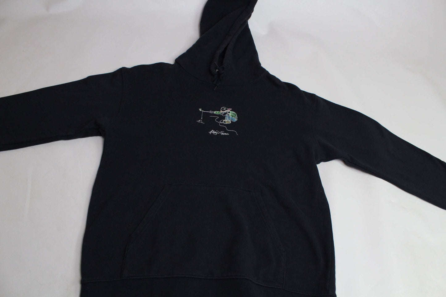Dark blue "LEFT ALONE" hoodie with colorful print, size L, M-L fit, 100% cotton, condition 8/10.