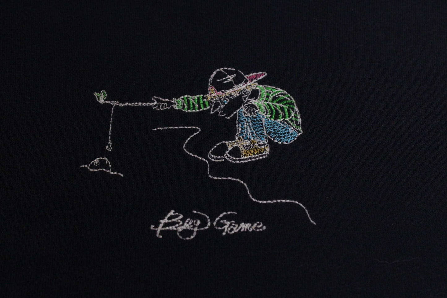 LEFT ALONE Hoodie Darkblue with colorful embroidery on dark blue cotton fabric.
