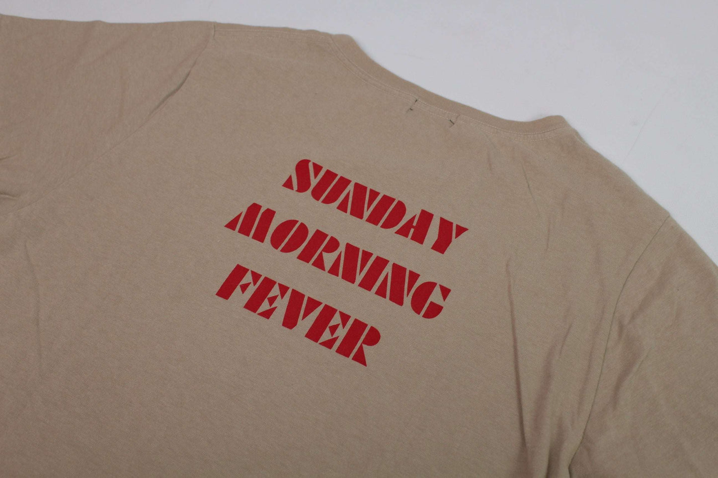 Beige HYSTERIC GLAMOUR T-Shirt with "SUNDAY MORNING FEVER" print in red, size M, 100% cotton, condition 8/10.