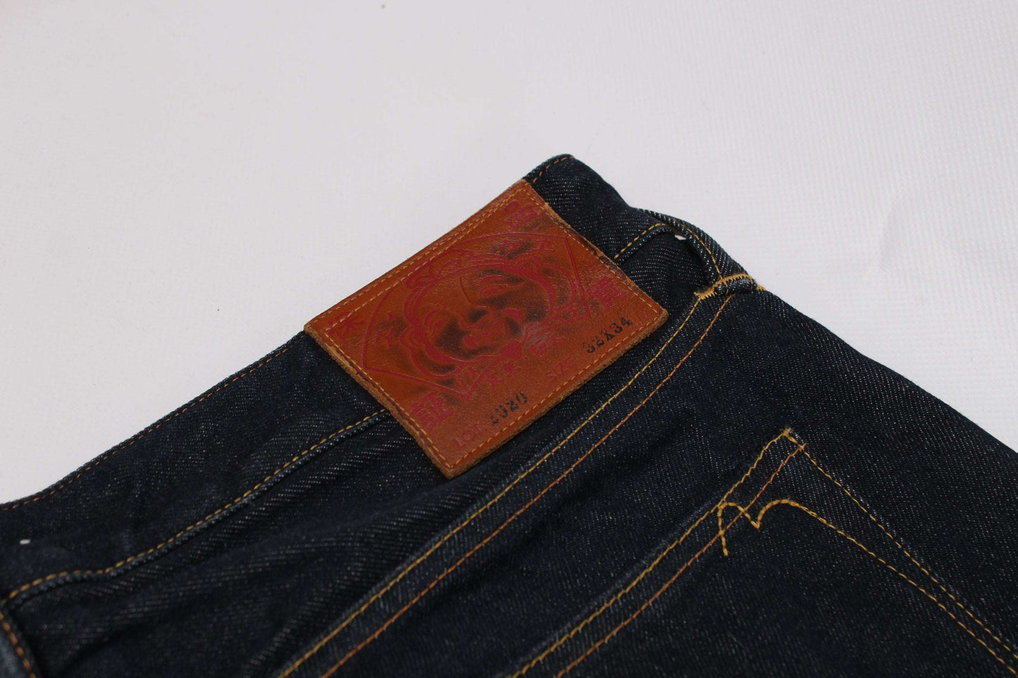 EVISU Blue Daicock Denim Selvedge jeans, baggy fit, size 32, dark blue, 100% cotton, made in Japan.