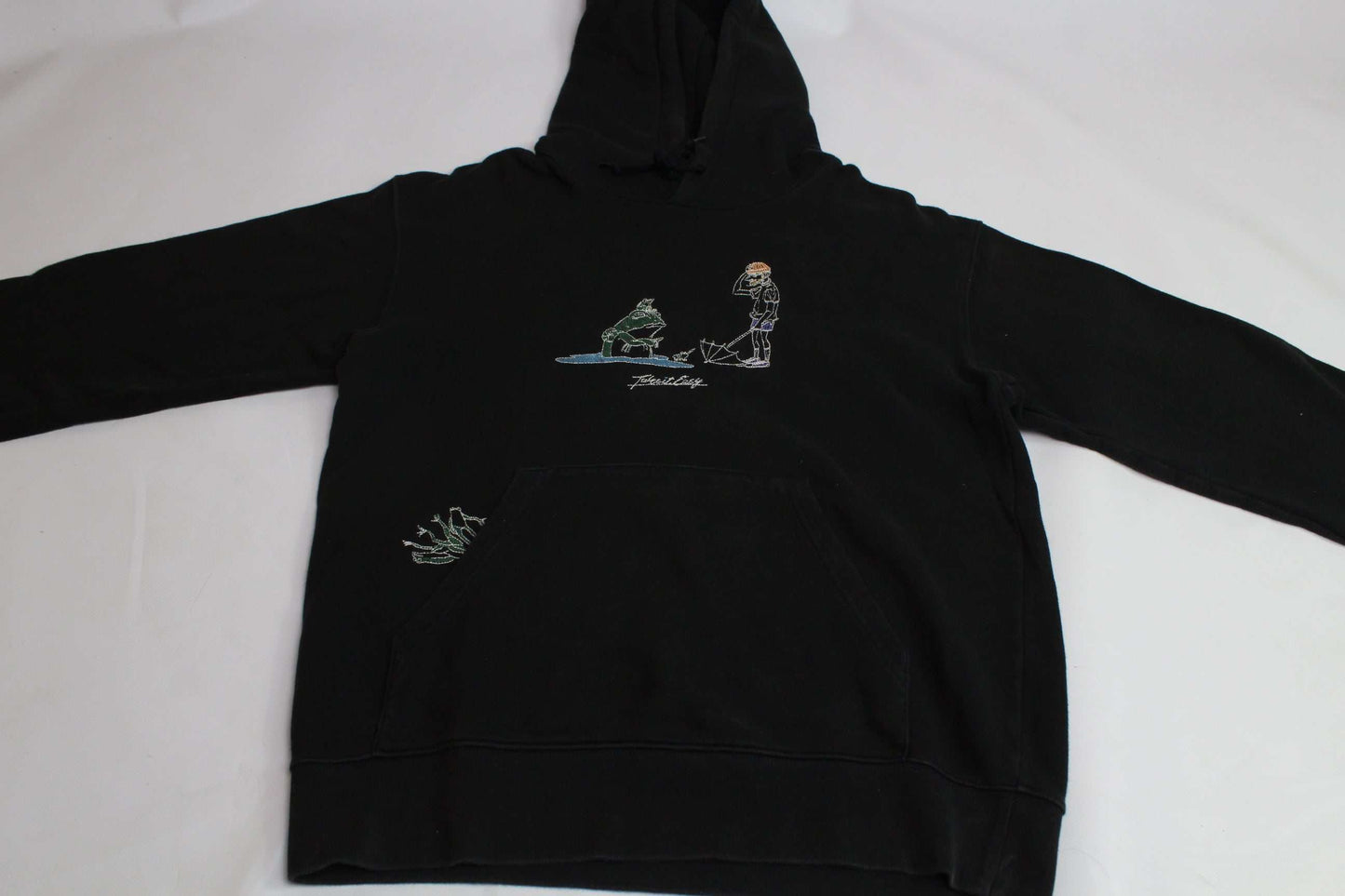 LEFT ALONE black hoodie, medium size, 100% cotton, colorful design on front.