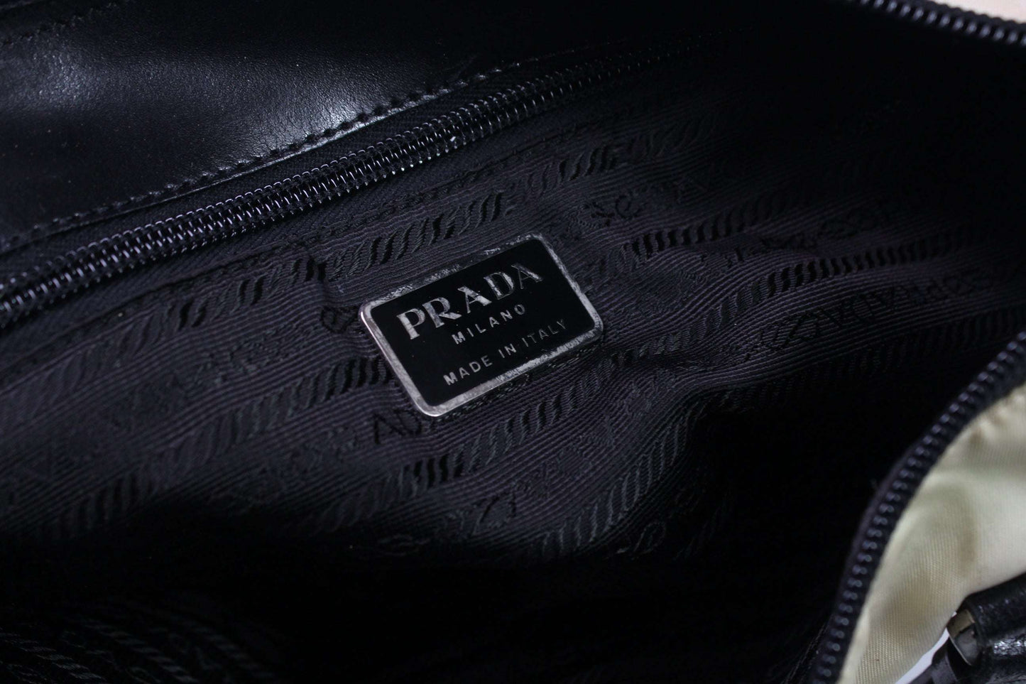PRADA Shopper White interior label, black nylon material.