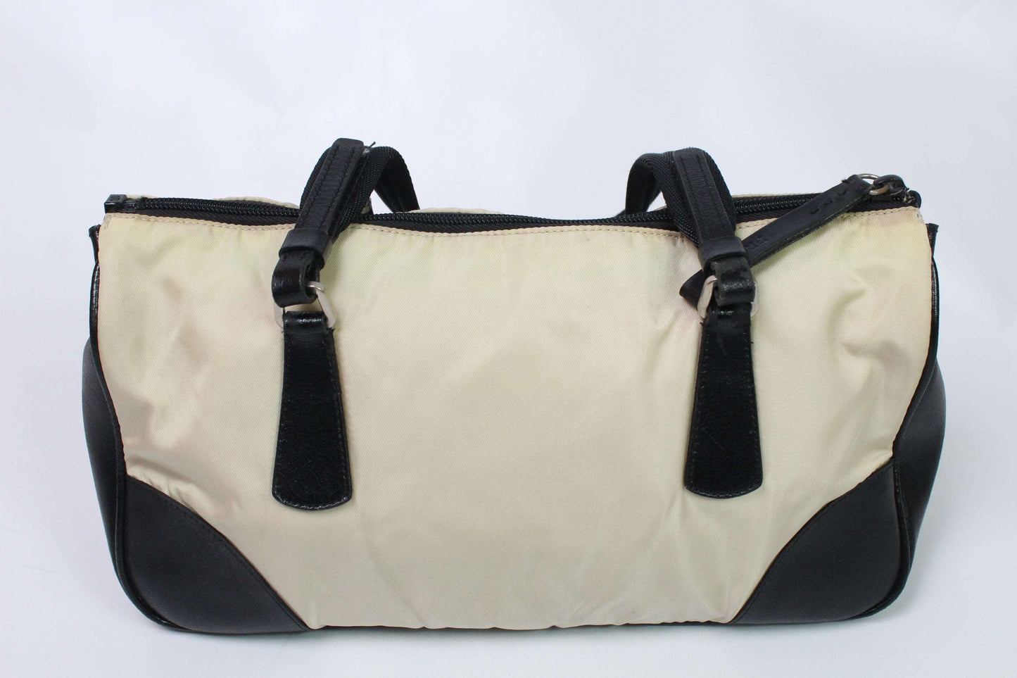 White Prada shopper bag with black accents, nylon material, condition 7-8/10.