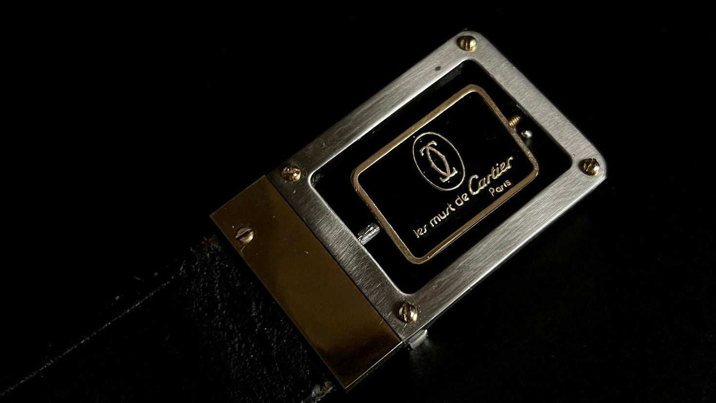 CARTIER Black Leather Belt with gold and silver accents, featuring an interchangeable buckle.