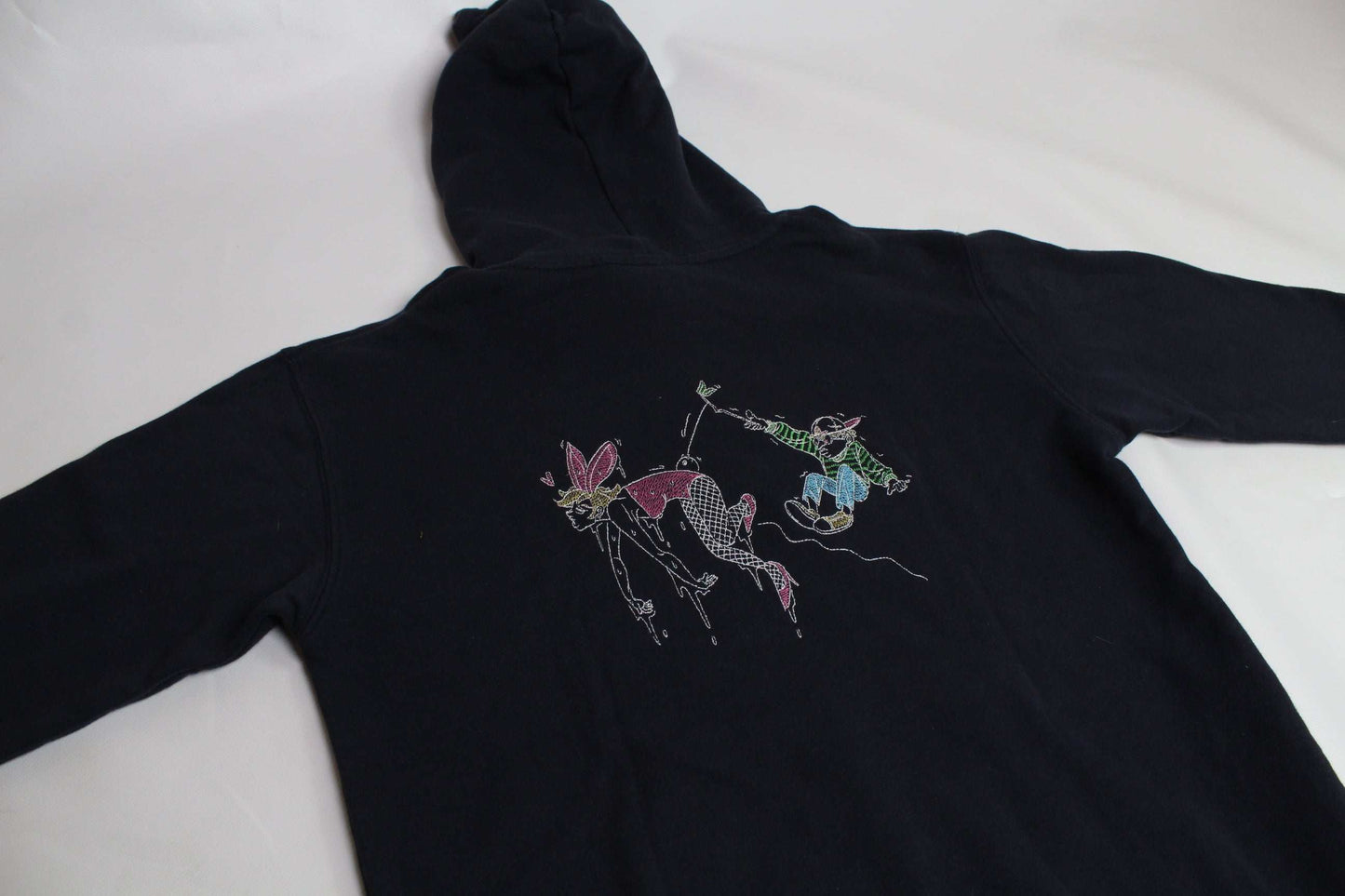 LEFT ALONE Hoodie Darkblue with colorful embroidery on black fabric, size L, 100% cotton.