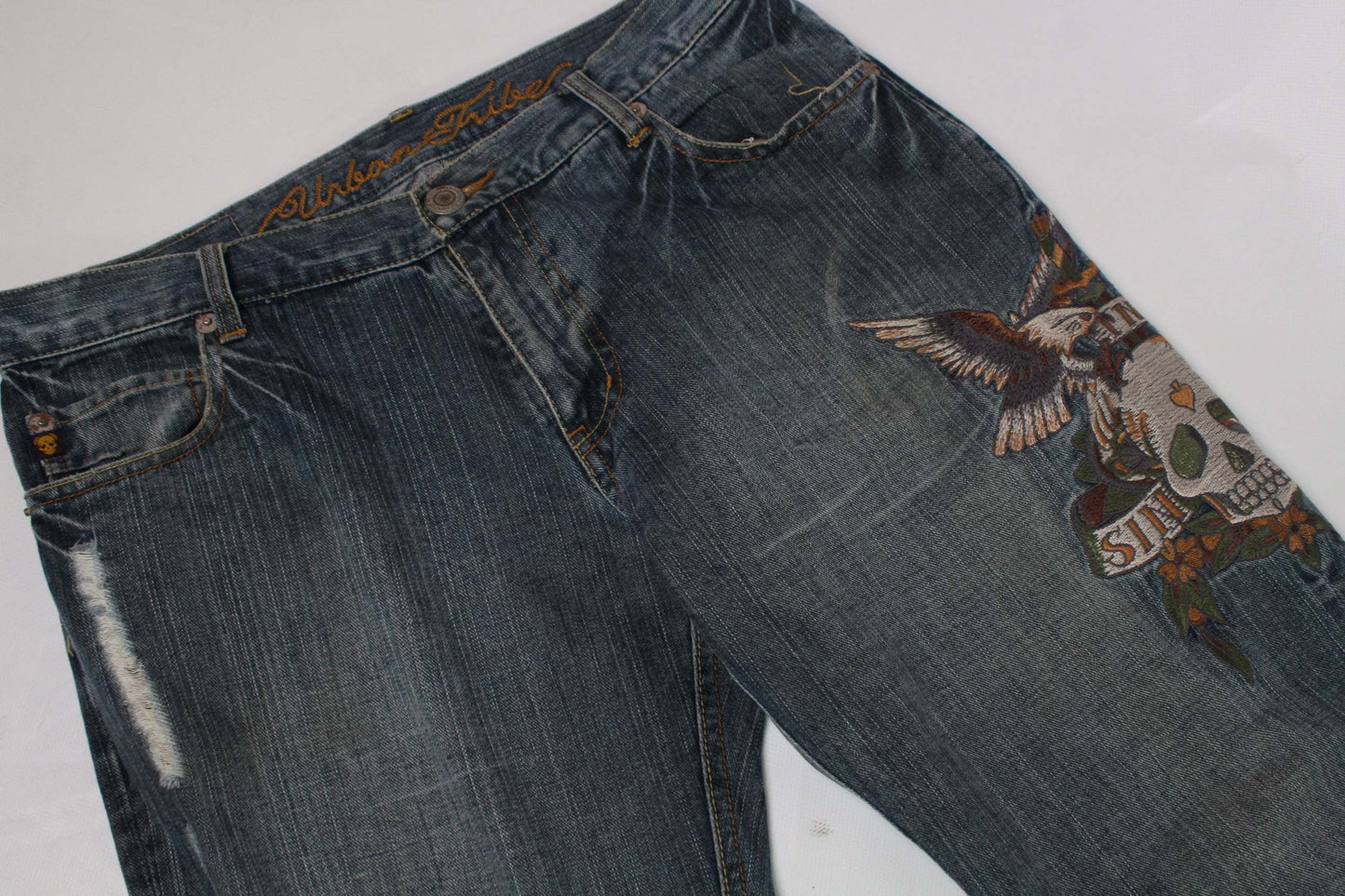 URBAN FIBER Embroidery Denim jeans, baggy fit, size 4, blue, cotton.