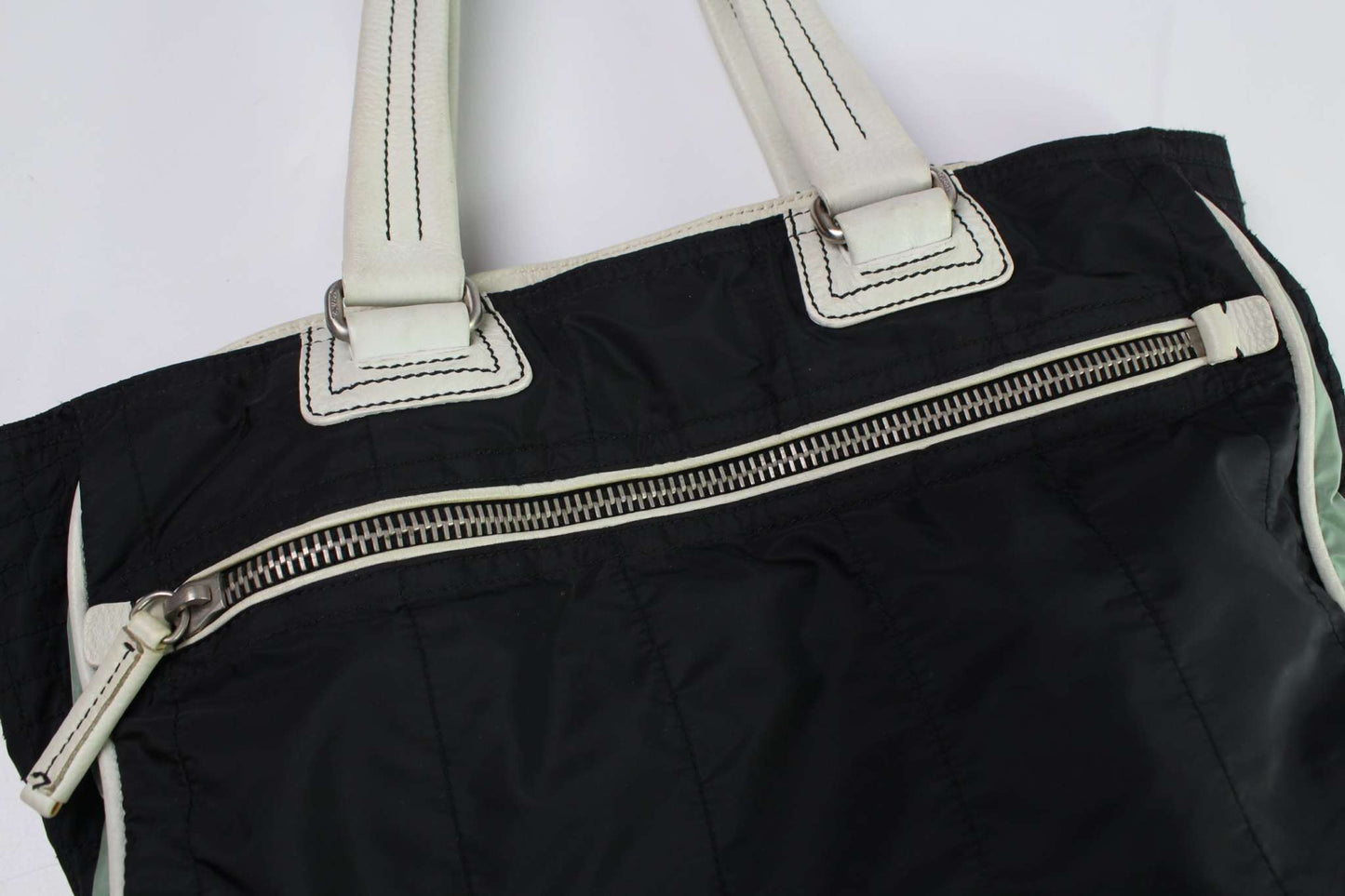 PRADA Sports Shopper in dark blue nylon with white handles and zipper.