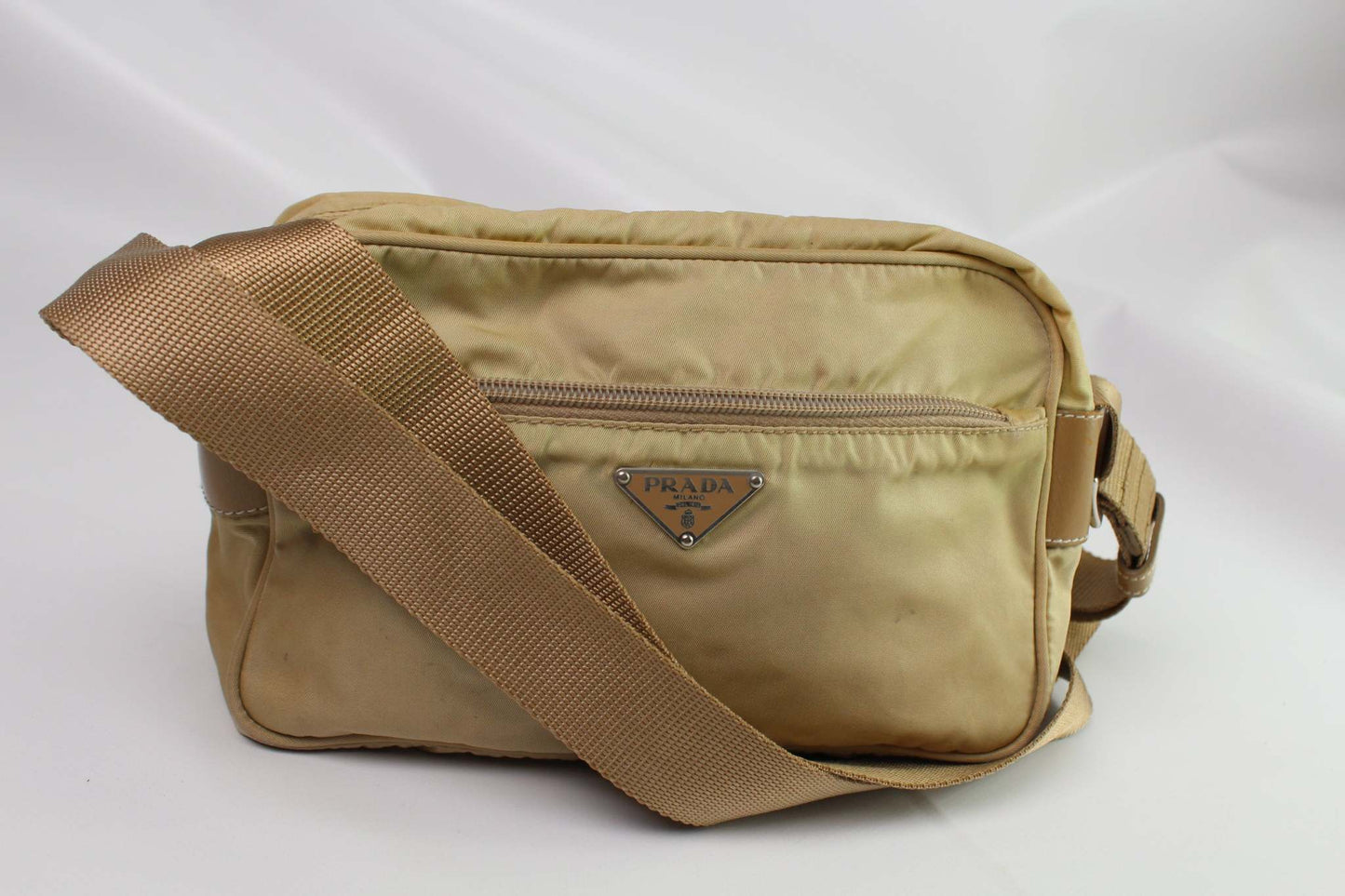 PRADA Crossbody Bag Beige nylon, 25x15 cm, front view with strap.