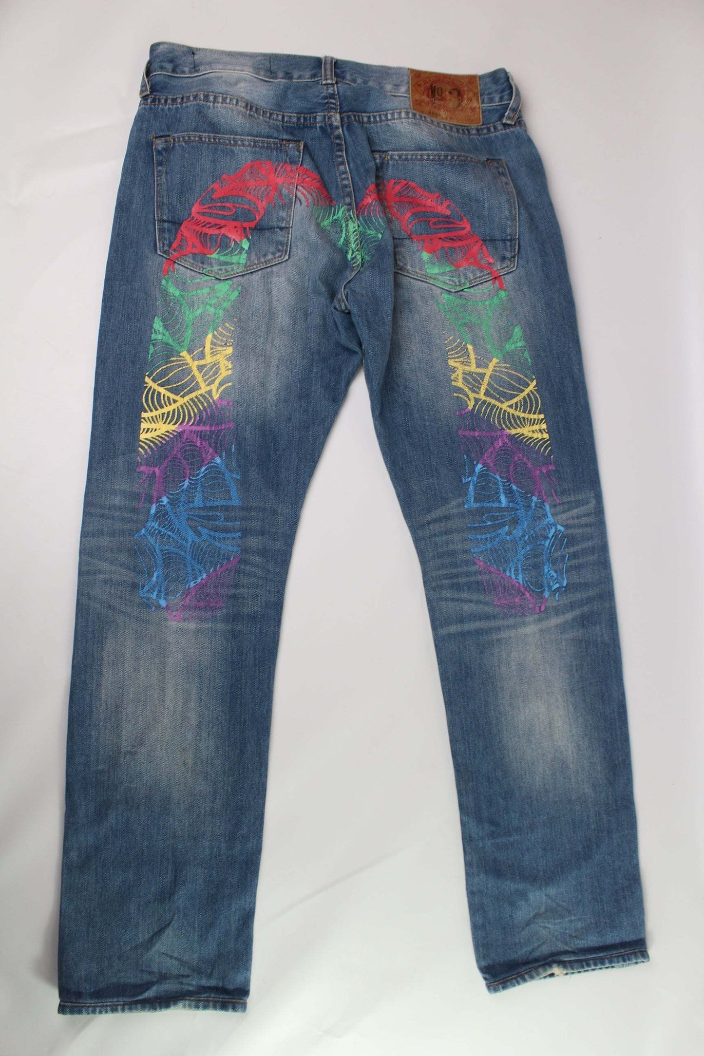 EVISU Rainbow Daicock Denim Pants, baggy fit, dark blue with rainbow embroidery, size 34x33.