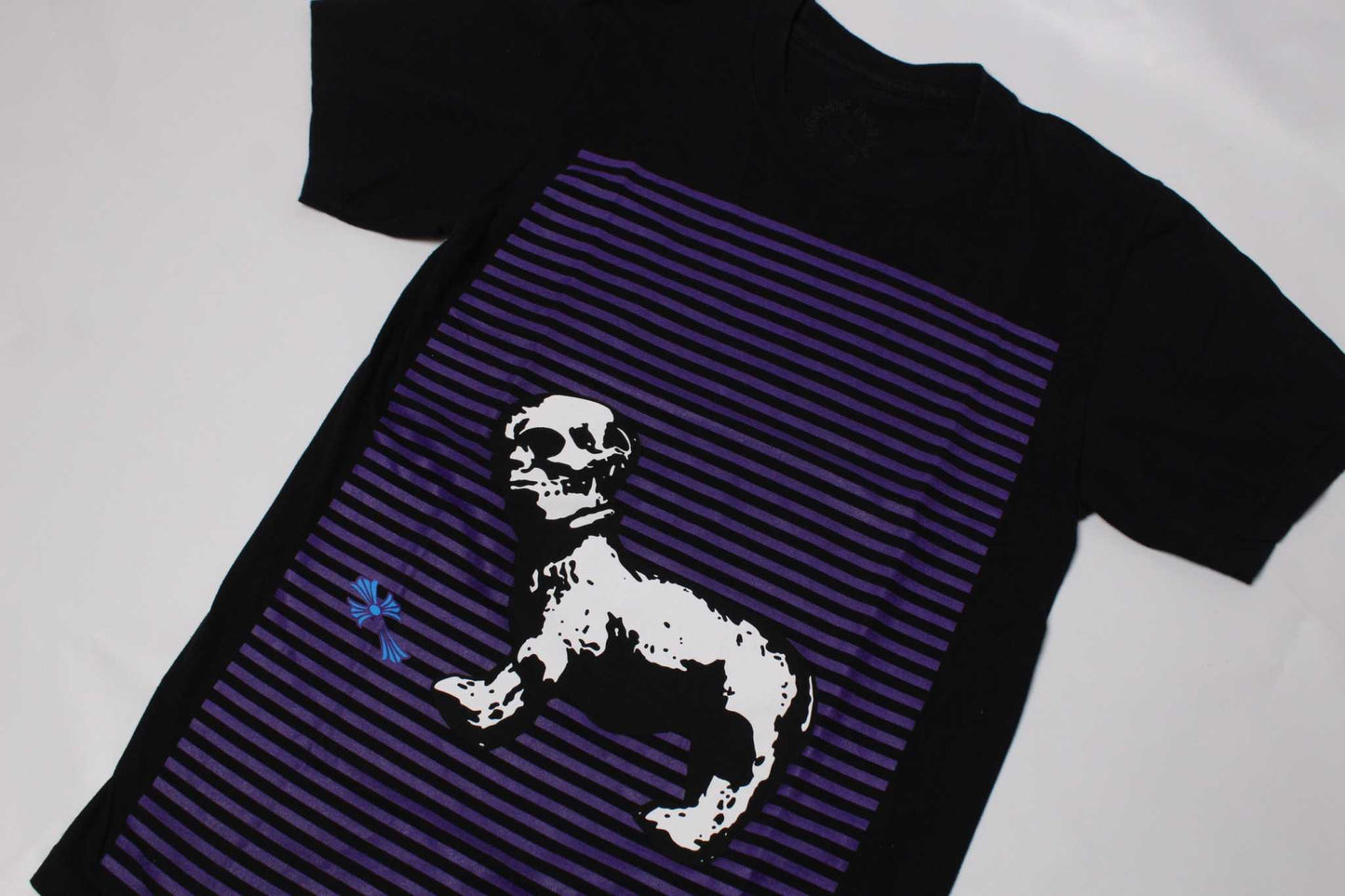 CHROME HEARTS Shirt, black with purple stripes, skull design, size M, 100% cotton.