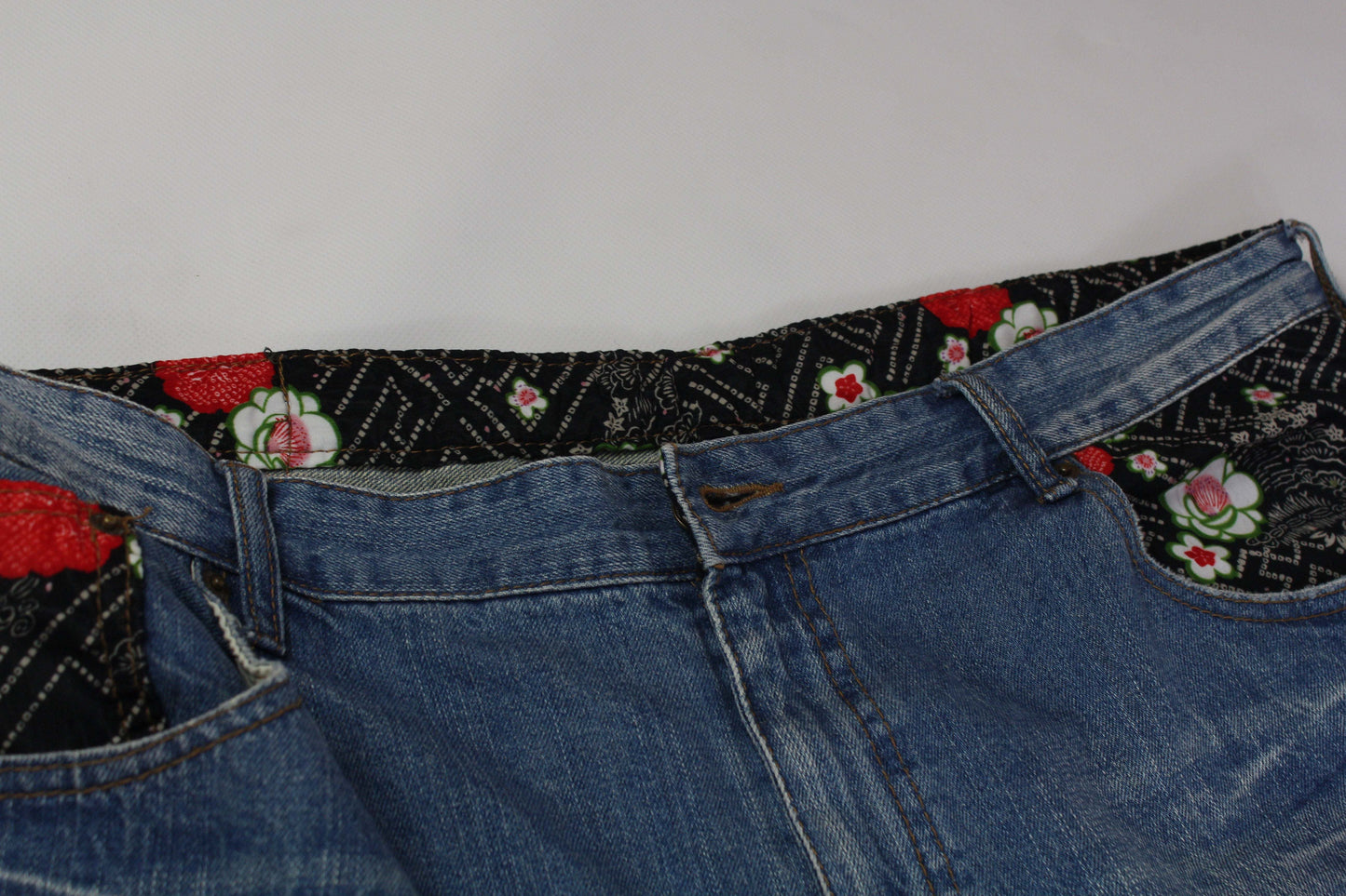 Japanese Koi Denim, size 34, blue cotton jeans with floral pattern, condition 8/10.