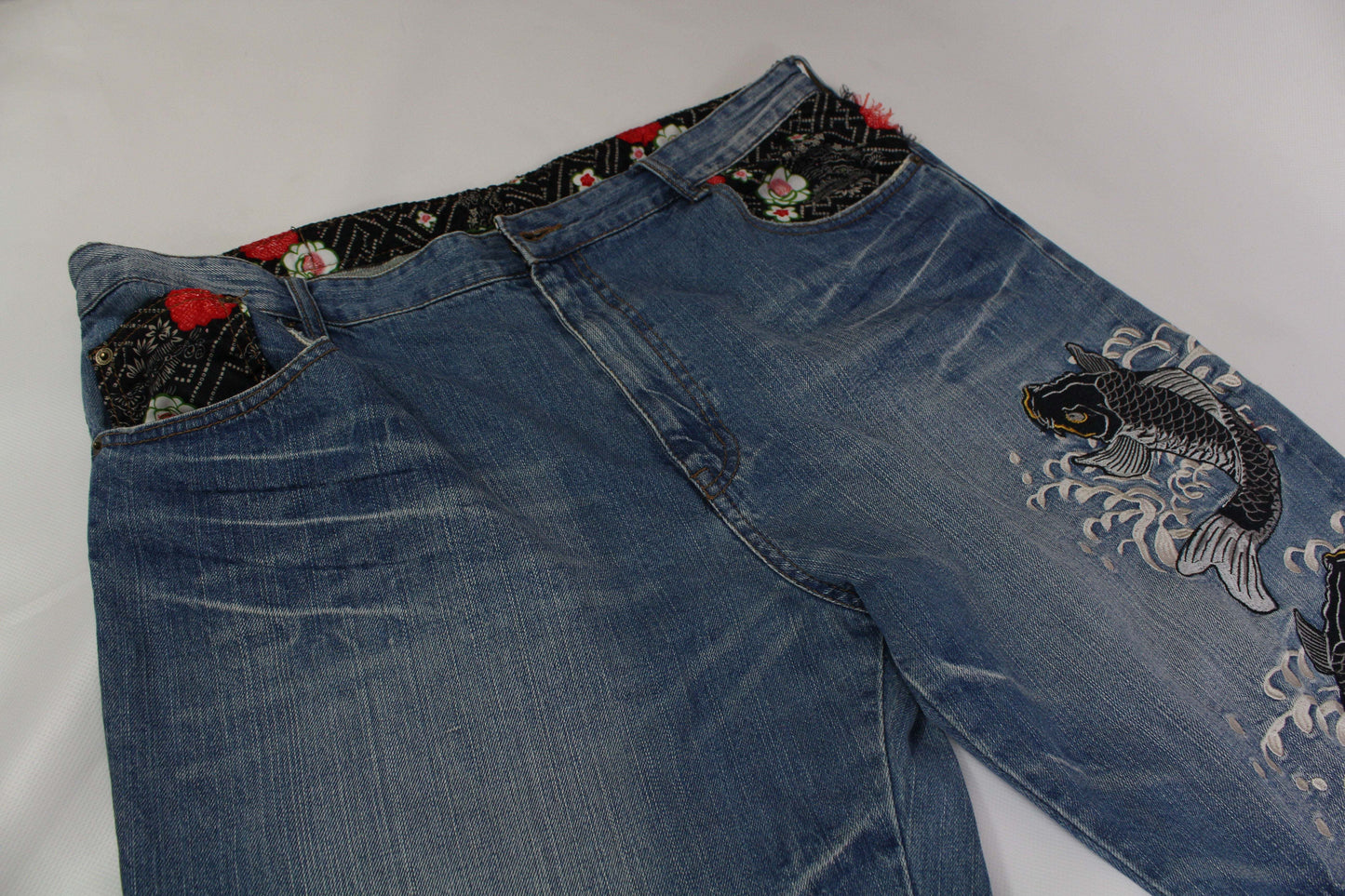 Japanese Koi Denim, size 34, blue cotton, 8/10 condition, koi embroidery design.