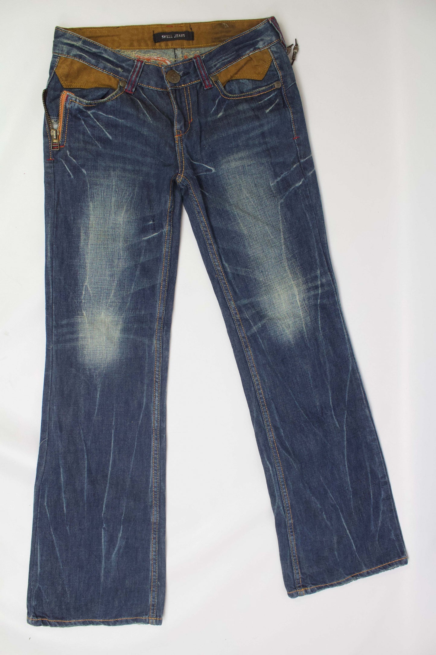 SWELL JEANS Embroidery Flared Denim in blue and orange, size 29-40x107cm, cotton material.