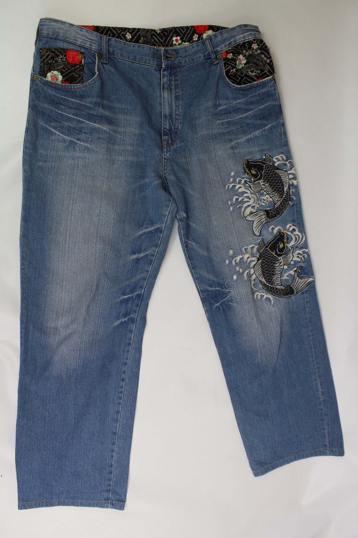 Japanese Koi Denim jeans with koi fish embroidery, size 34, blue cotton fabric, condition 8/10.
