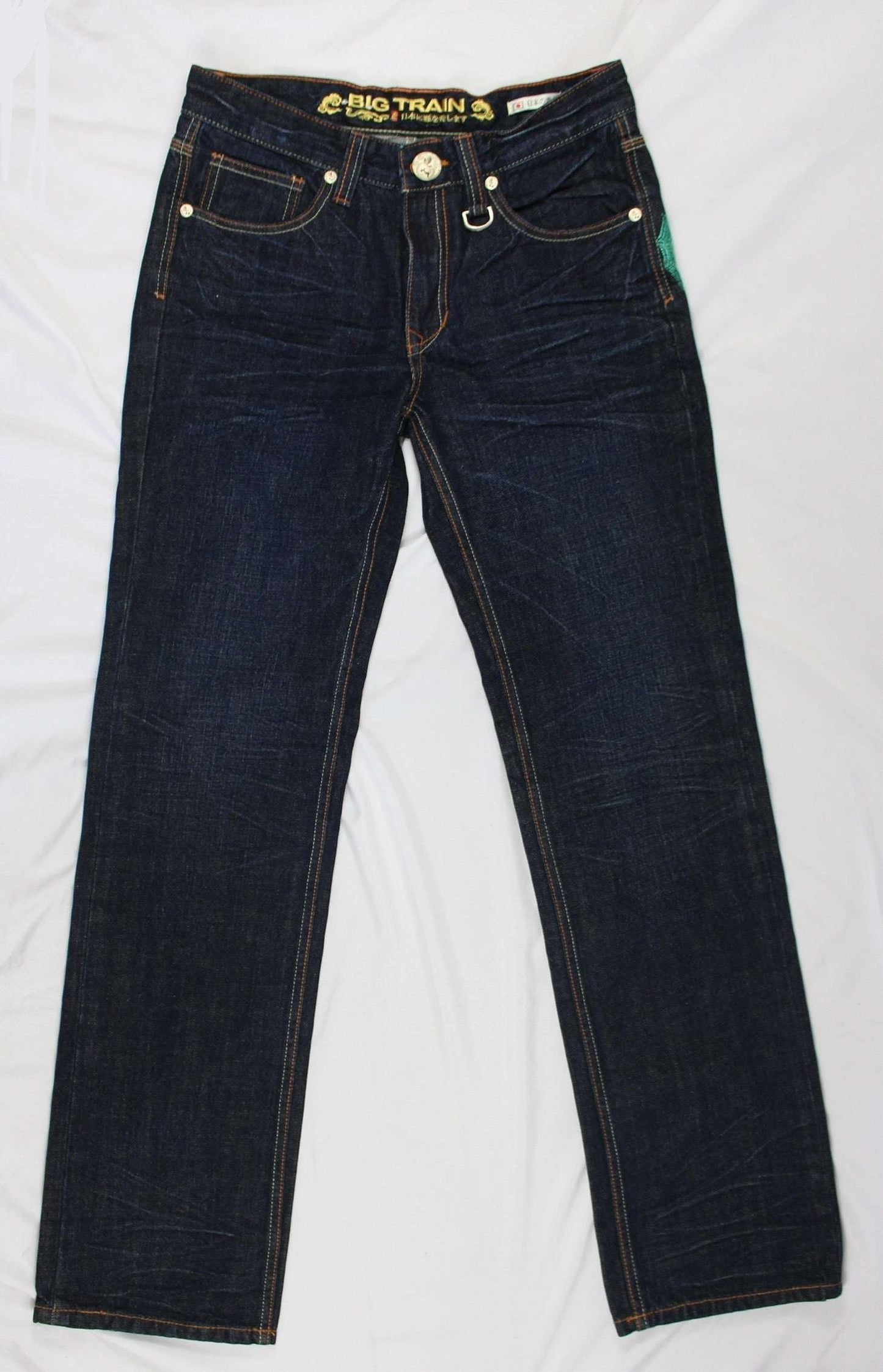 BIG TRAIN Koi Embroidery Denim jeans, size M, straight/skinny fit, dark wash.