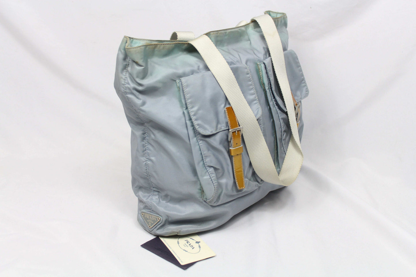 Prada Shopper Babyblue bag with side emblem, nylon material, size 45x30 cm, condition 7/10, includes card.