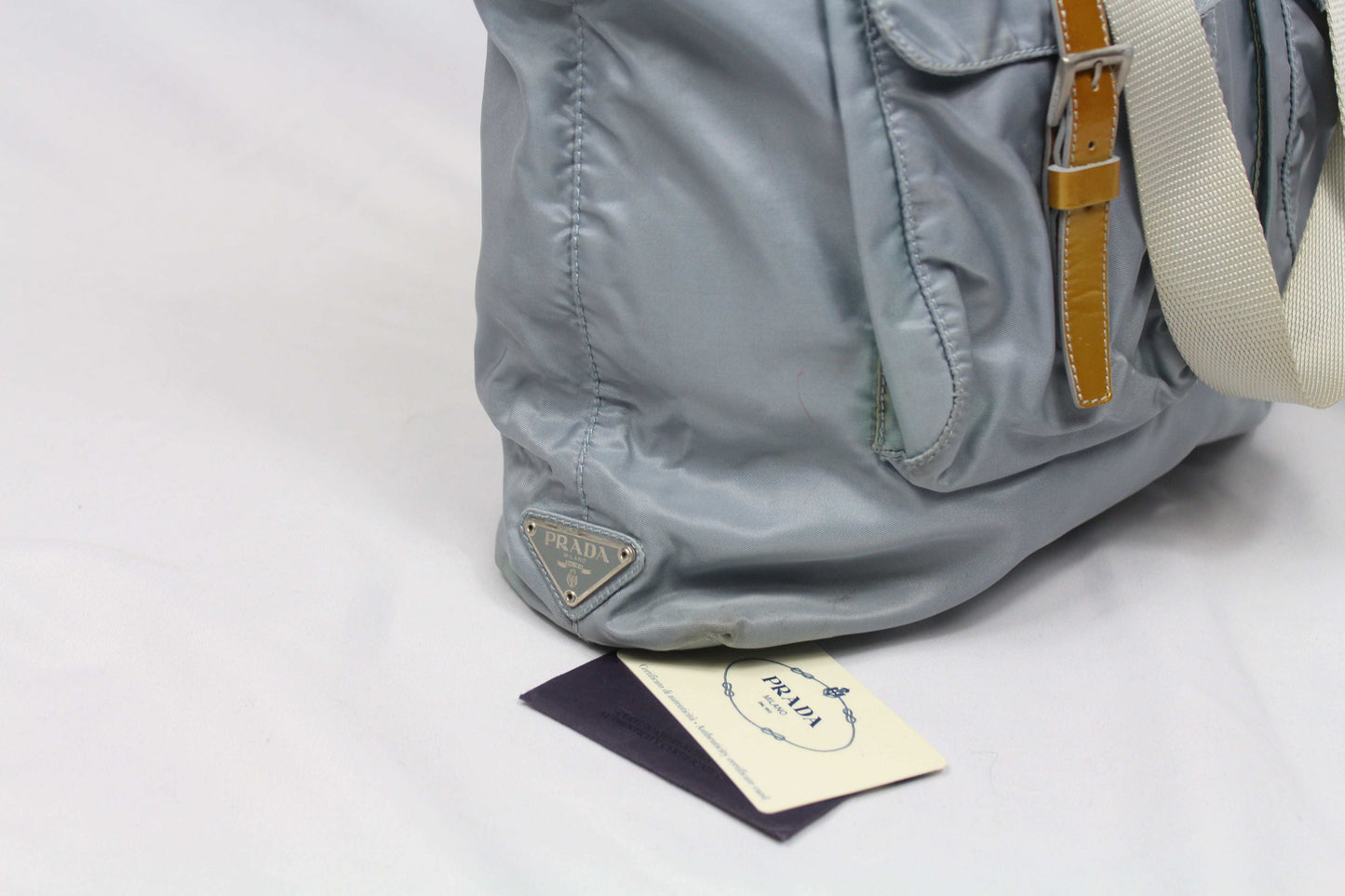 Prada Shopper Babyblue bag with side emblem, nylon material, 45x30 cm, condition 7/10.