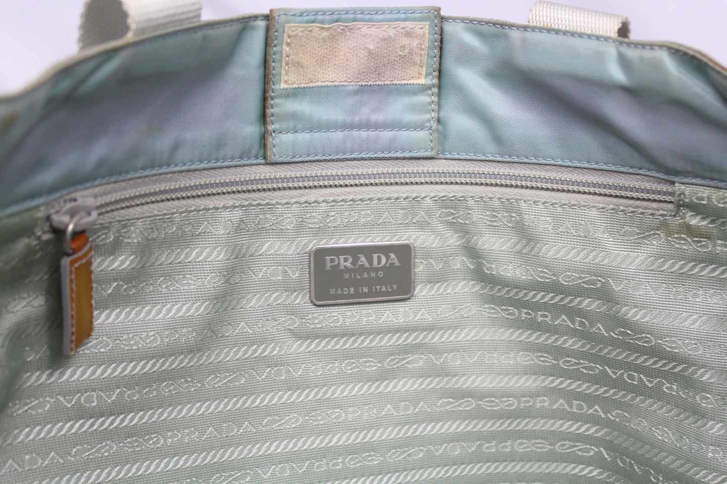 Prada Shopper Babyblue Side Emblem, 45x30 cm, nylon material.