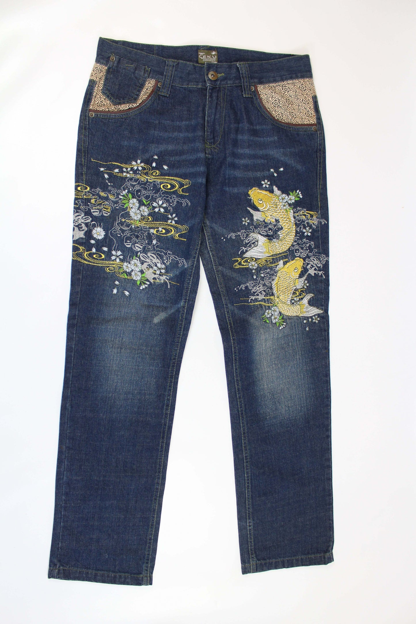 Seku Embroidery Denim, blue slim/straight fit jeans with detailed embroidery, size 33, made of cotton.