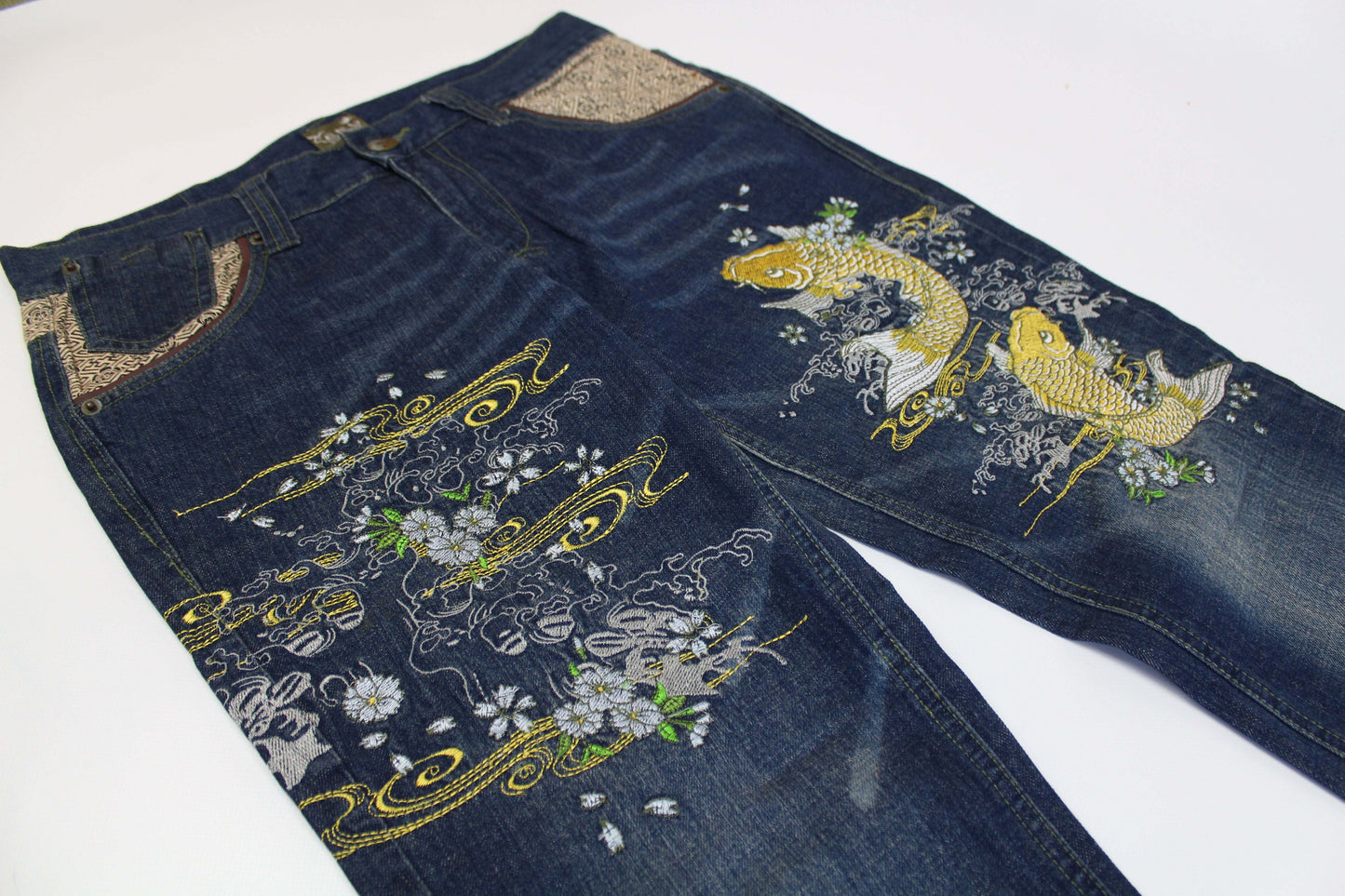 Seku Embroidery Denim, slim/straight fit, blue cotton material, intricate embroidery.