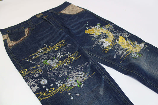 Seku Embroidery Denim, slim/straight fit, blue cotton material, intricate embroidery.