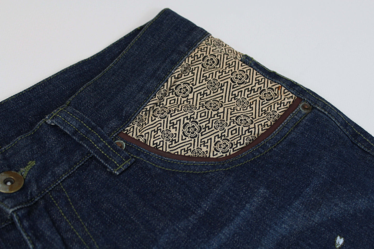 Seku Embroidery Denim with floral pocket detail, slim/straight fit, blue, cotton material.