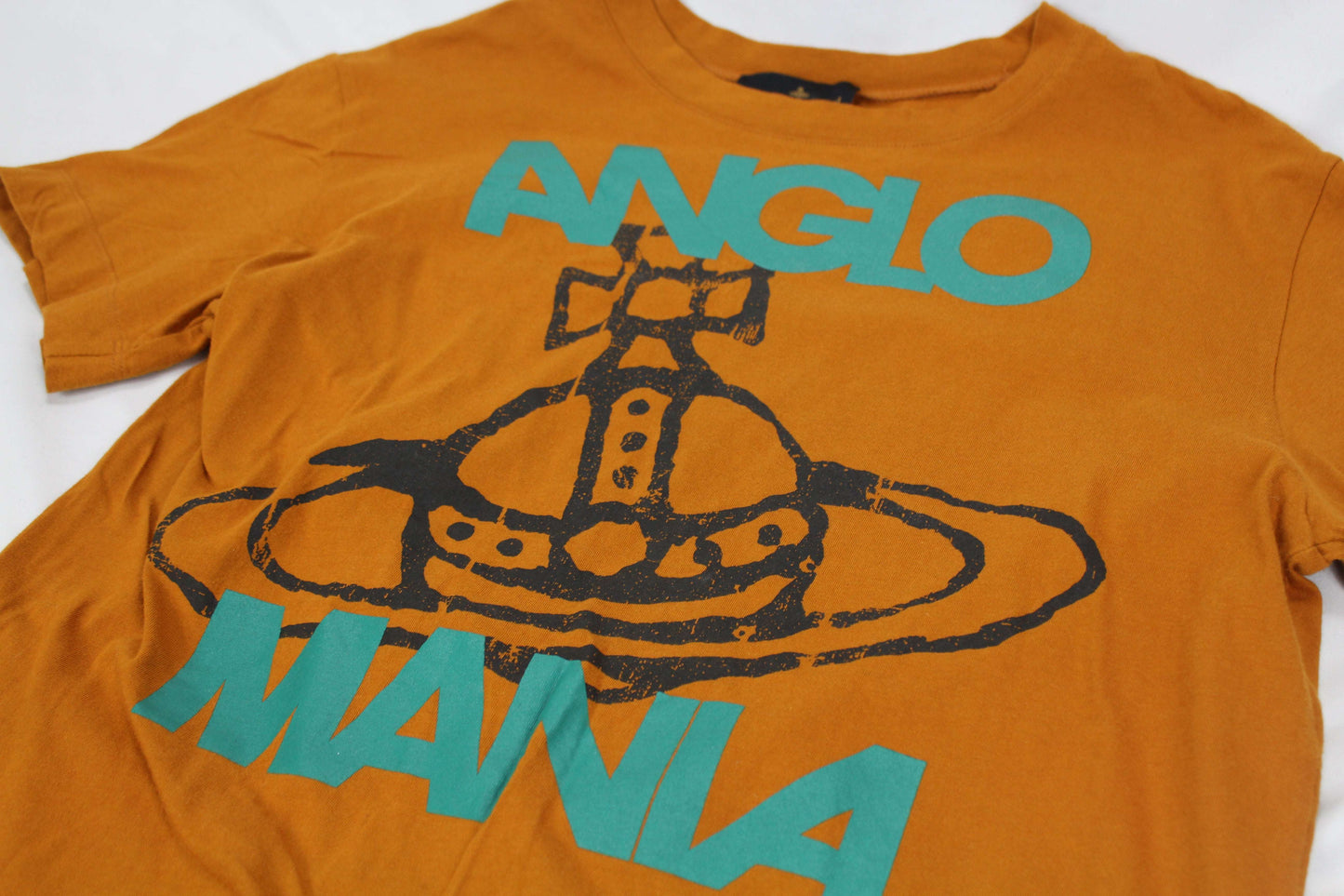 Orange Vivienne Westwood Tshirt with "Anglo Mania" logo, size 38, in excellent condition.