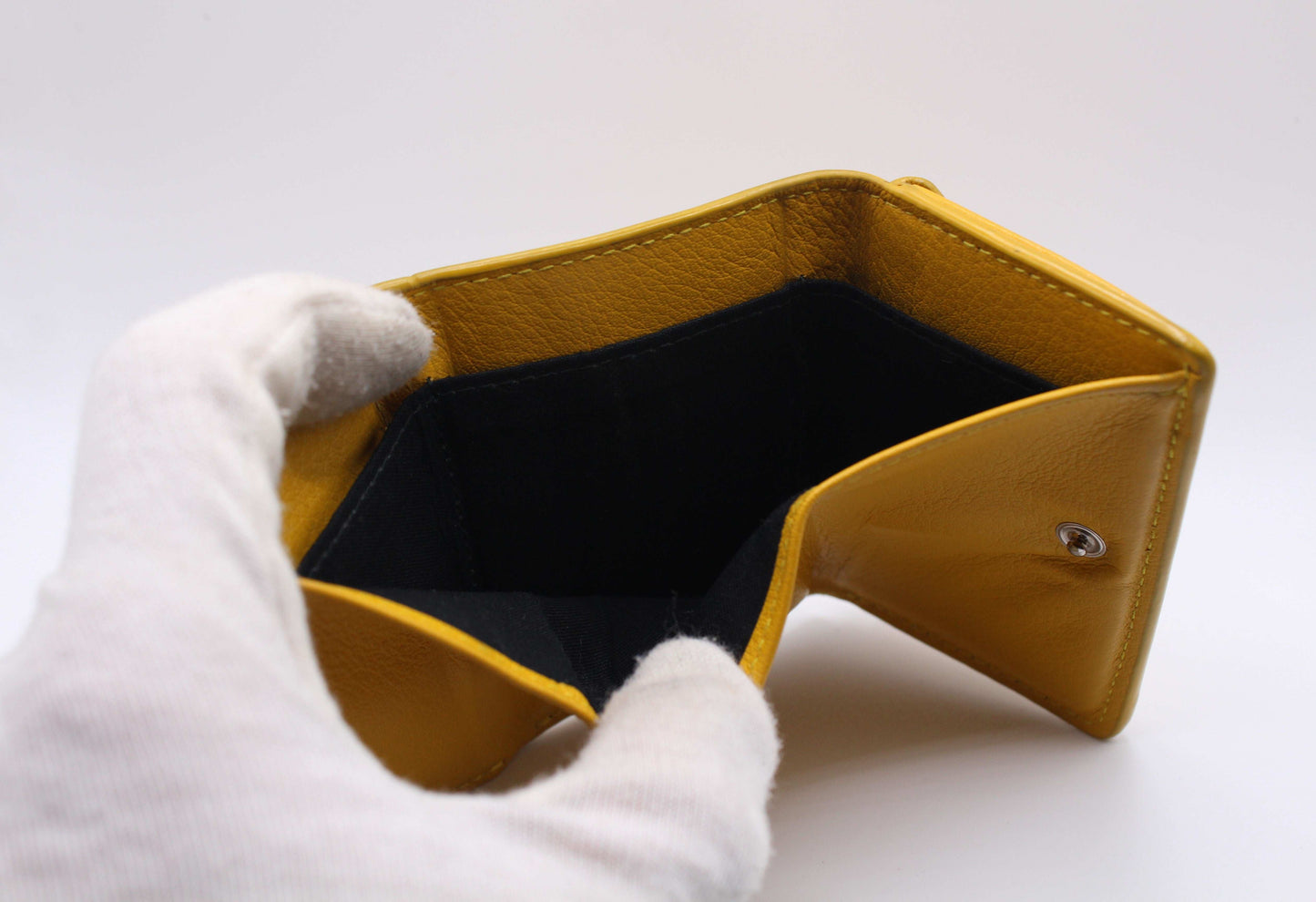 Balenciaga Portmonee Yellow leather wallet showing interior, size 10x7.