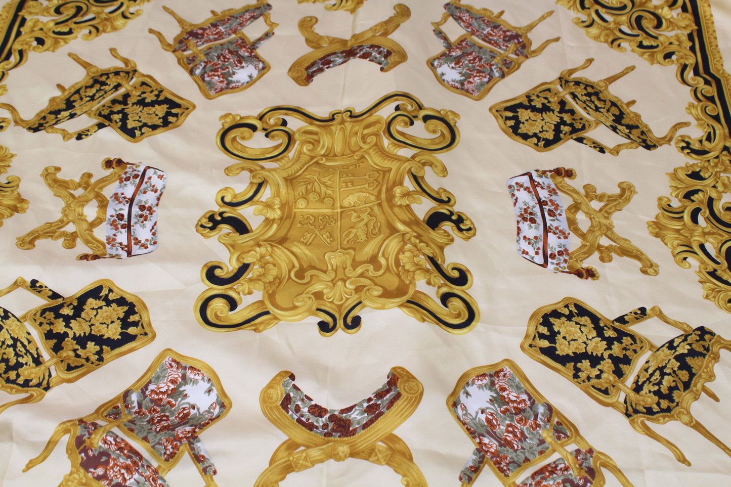 LANCEL Silk Scarf Gold with ornate design, 100x100 cm, red and gold pattern, 100% silk.