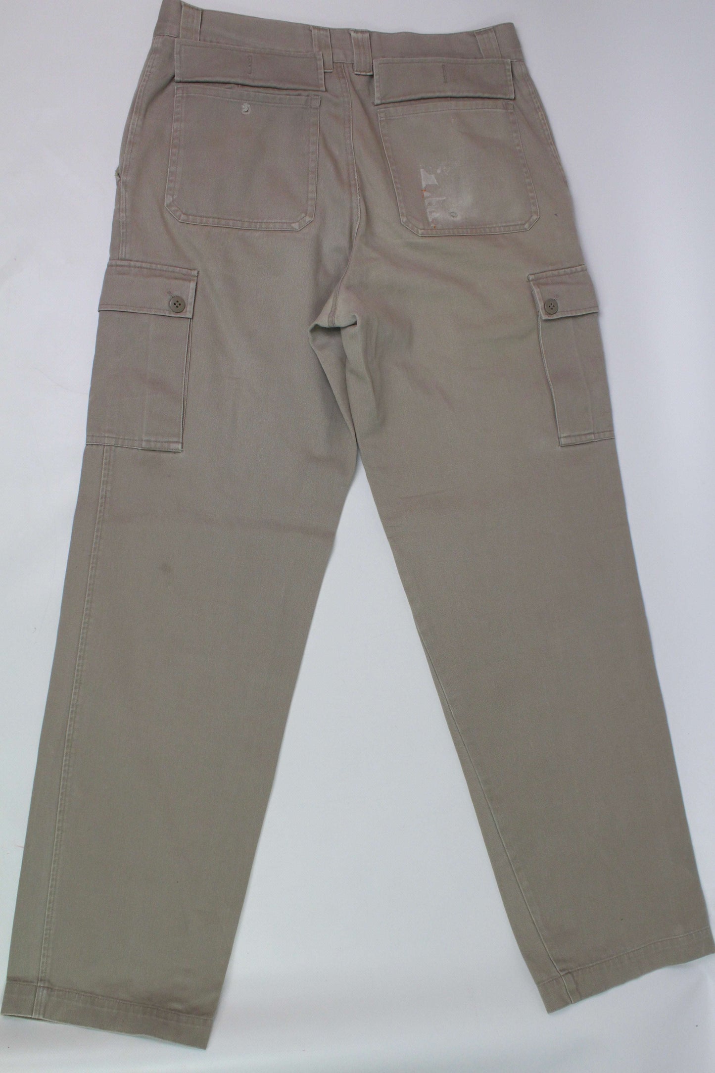 Custom painted beige jeans with orange and blue accents, small size, straight fit.