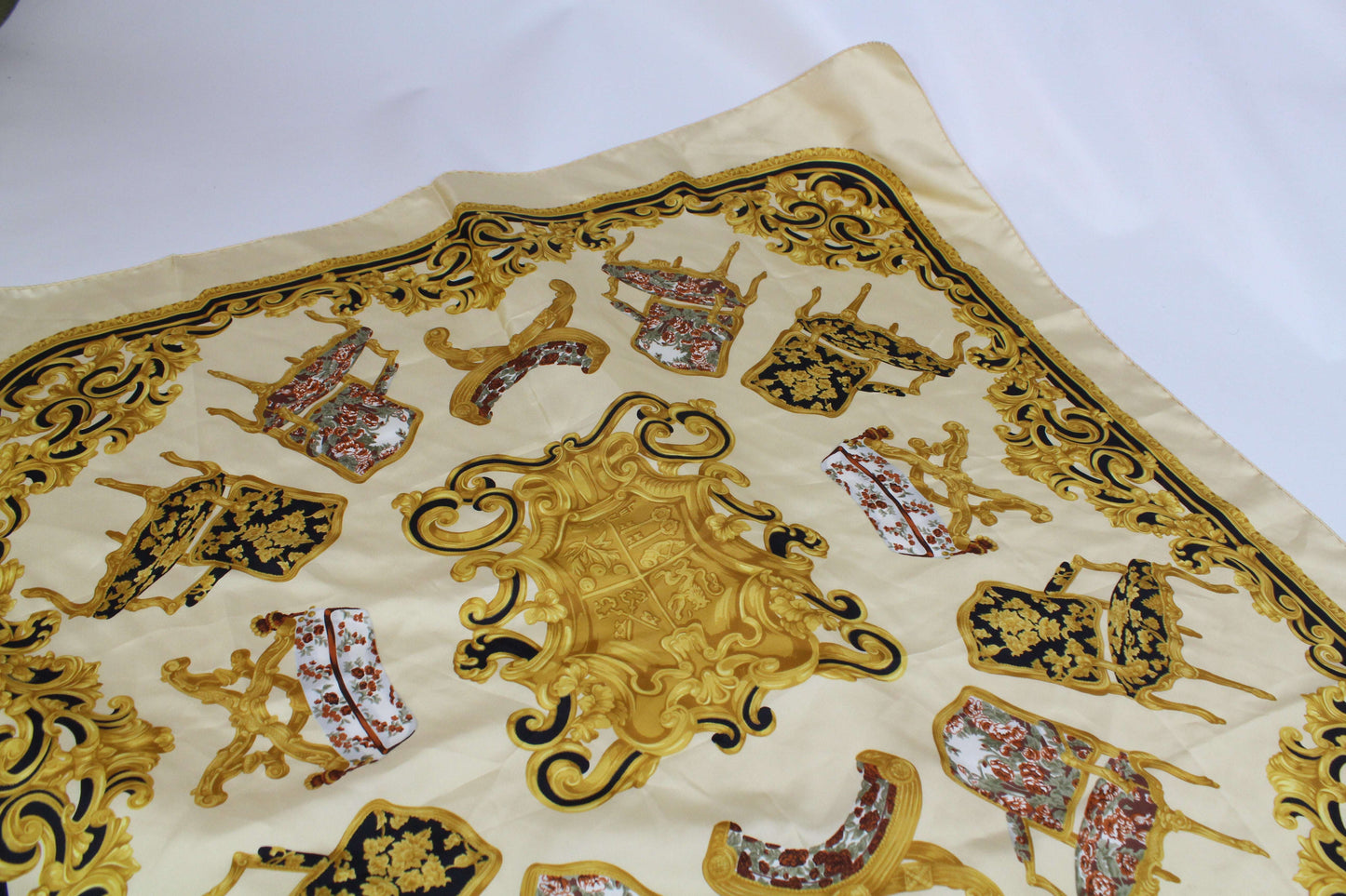 LANCEL silk scarf gold with ornate design, 100% silk, size 100x100 cm.