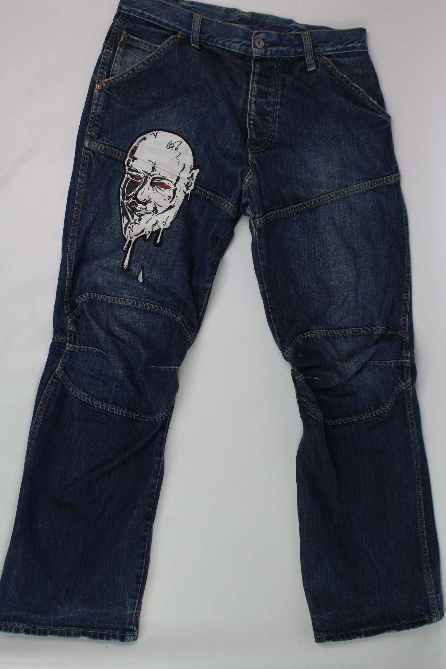 Custom Painted Jeans 1/1 G-Star, blue, straight fit, size 32x32, shows wear, demon art, cotton fabric.