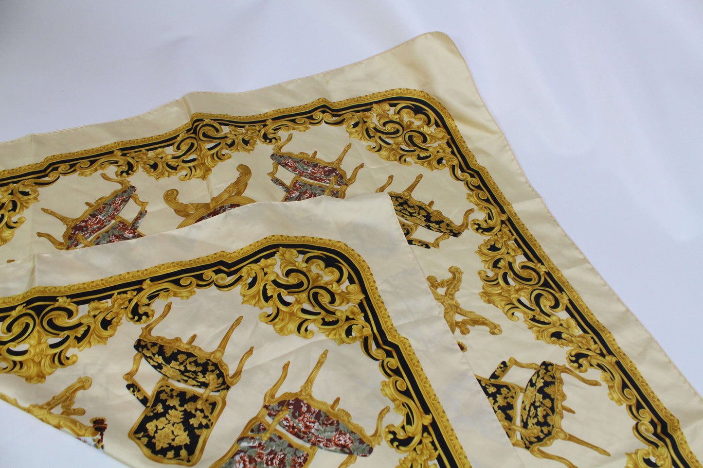 LANCEL silk scarf in gold design, 100x100 cm size, 100% silk material.