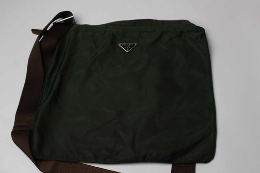 PRADA Slingbag in dark green nylon with brown strap, size 30x25cm.