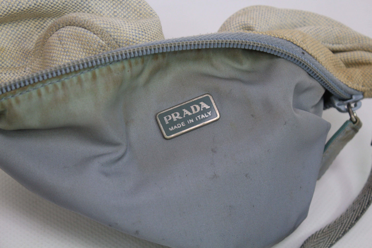 PRADA Sports Baguette Bag Cream Babyblue | LAYZSSHOP | Prada Vintage