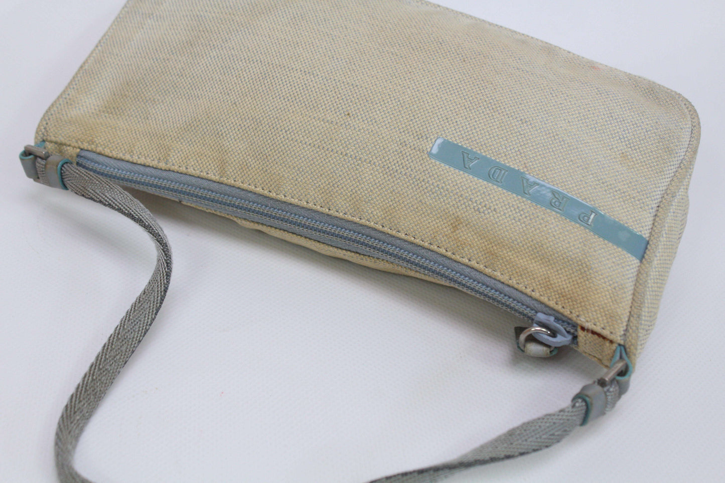 PRADA Sports Baguette Bag Cream Babyblue | LAYZSSHOP | Prada Vintage