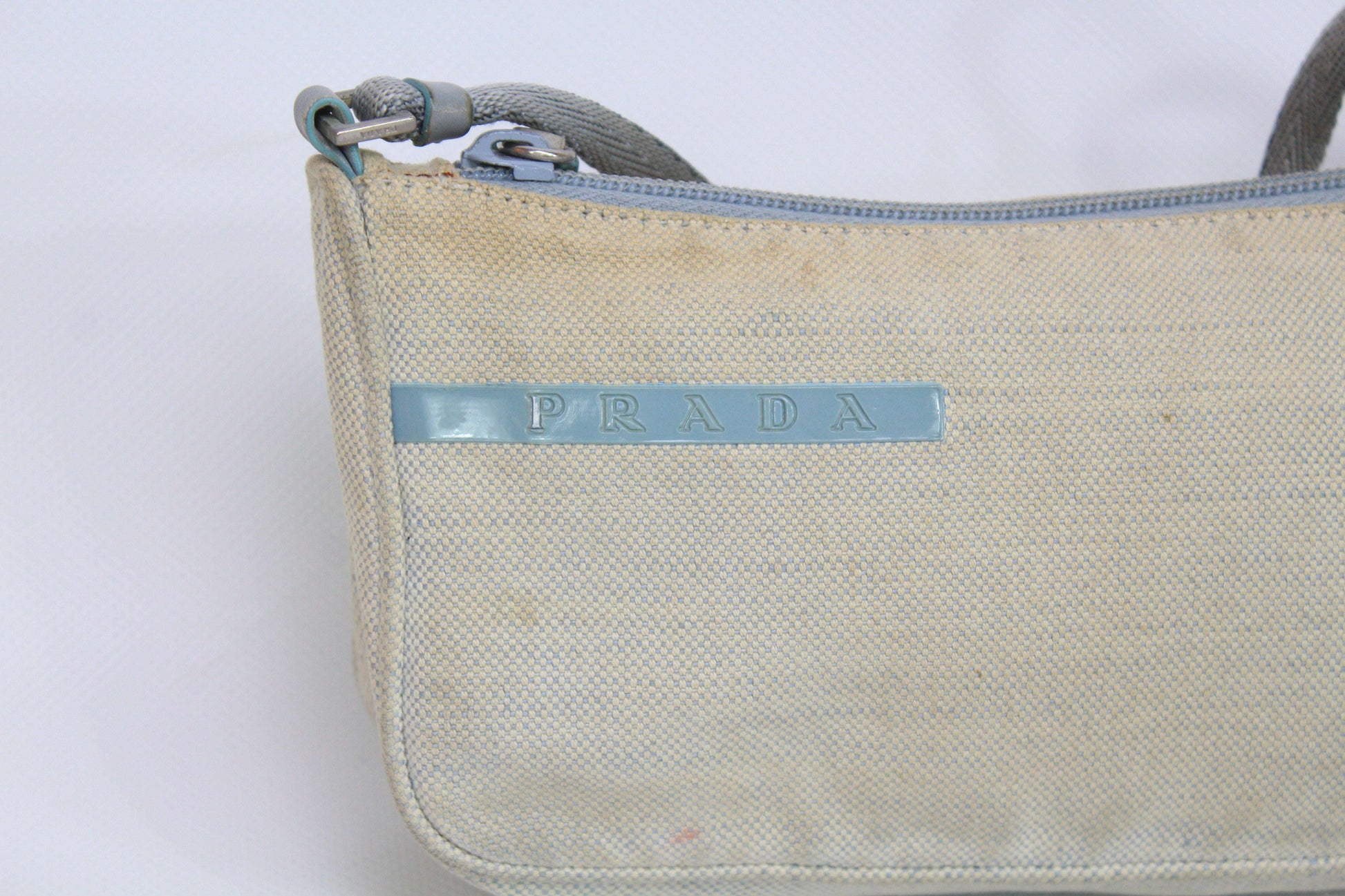 PRADA Sports Baguette Bag Cream Babyblue | LAYZSSHOP | Prada Vintage