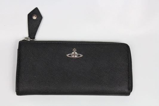 Black leather Vivienne Westwood long wallet with silver logo and zipper.