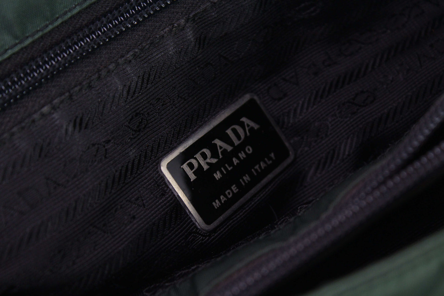 PRADA Shopper Green interior label, nylon material, made in Italy.