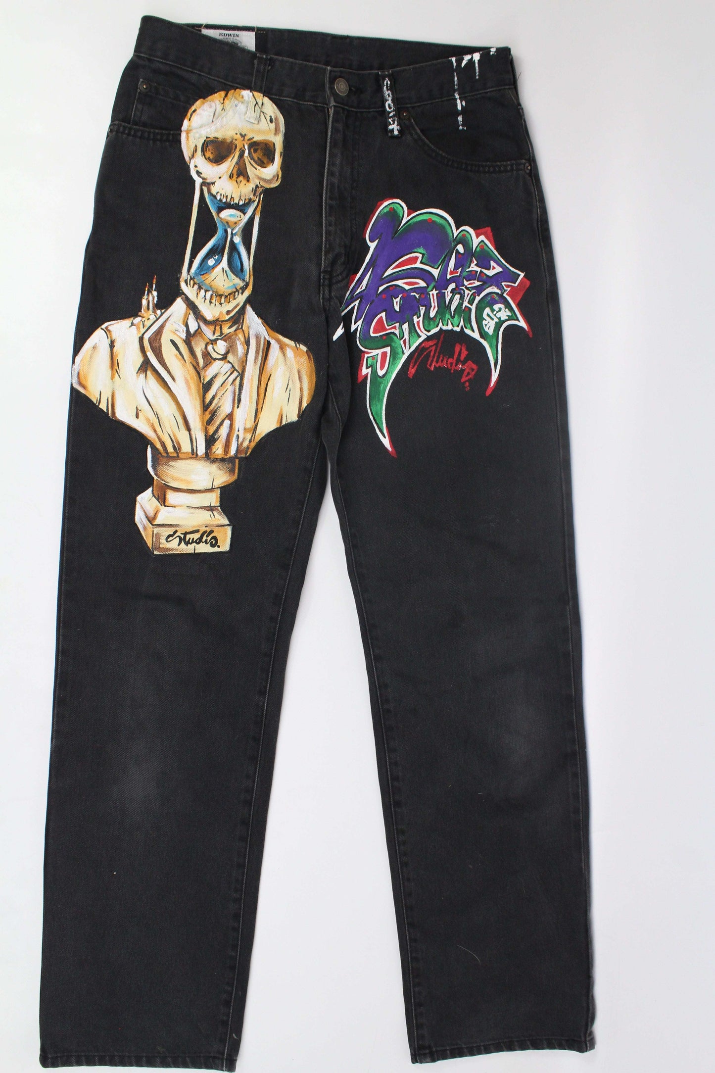 Edwin Denim Hand Painted Custom 1/1 in black/gray, straight fit, with colorful artwork, size 31.