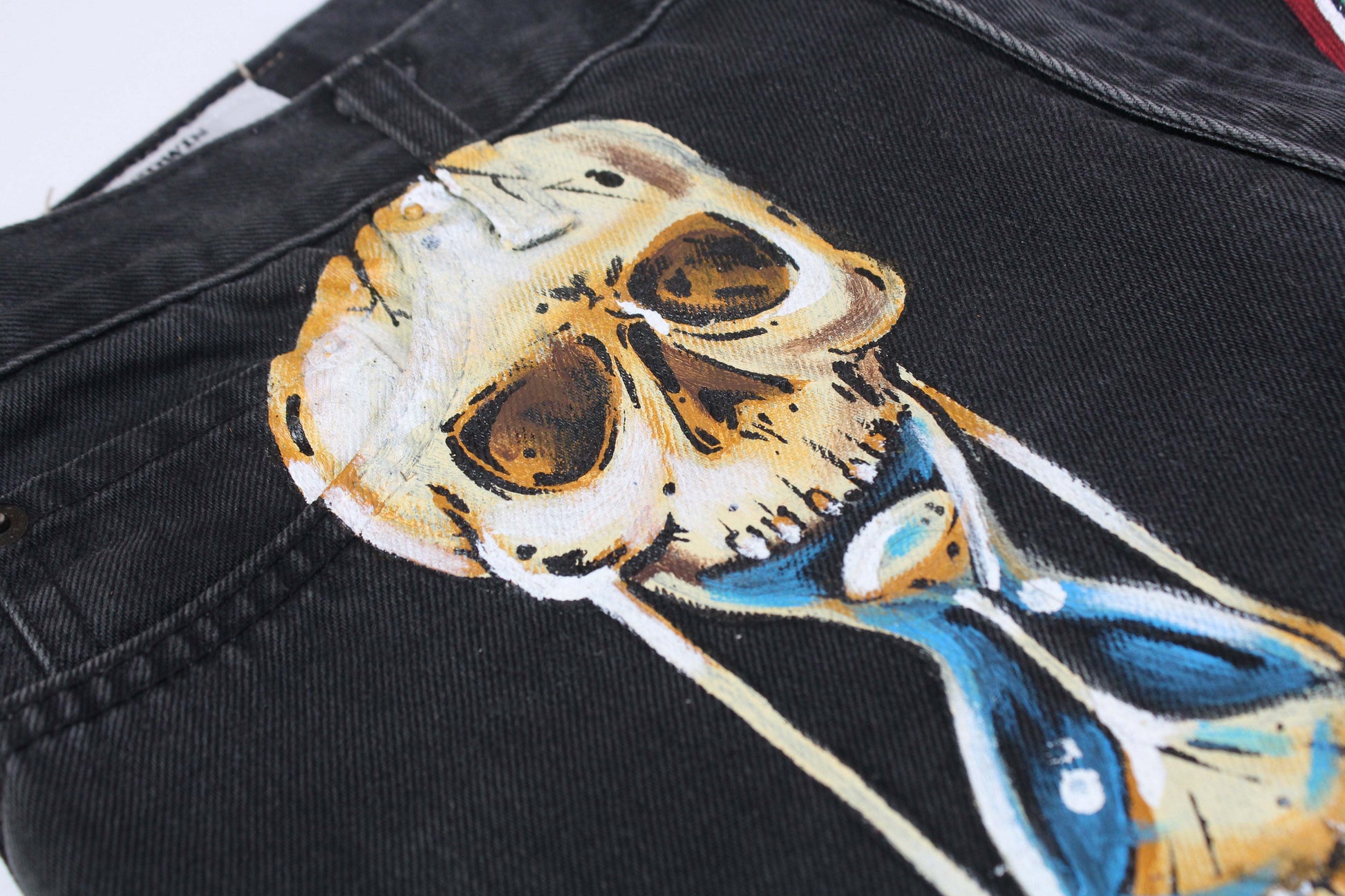 Edwin Denim Hand Painted Custom 1/1, black and gray, skull design, straight fit, waterproof paint.