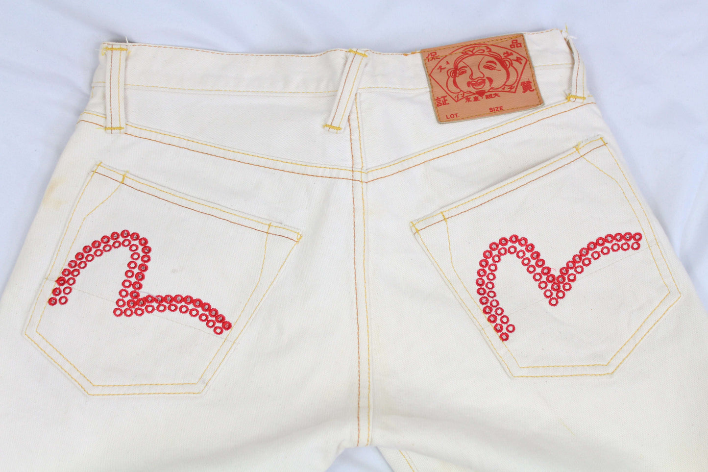 Evisu Pants with White and Red Logo Selvedge Denim, size 28, good condition.